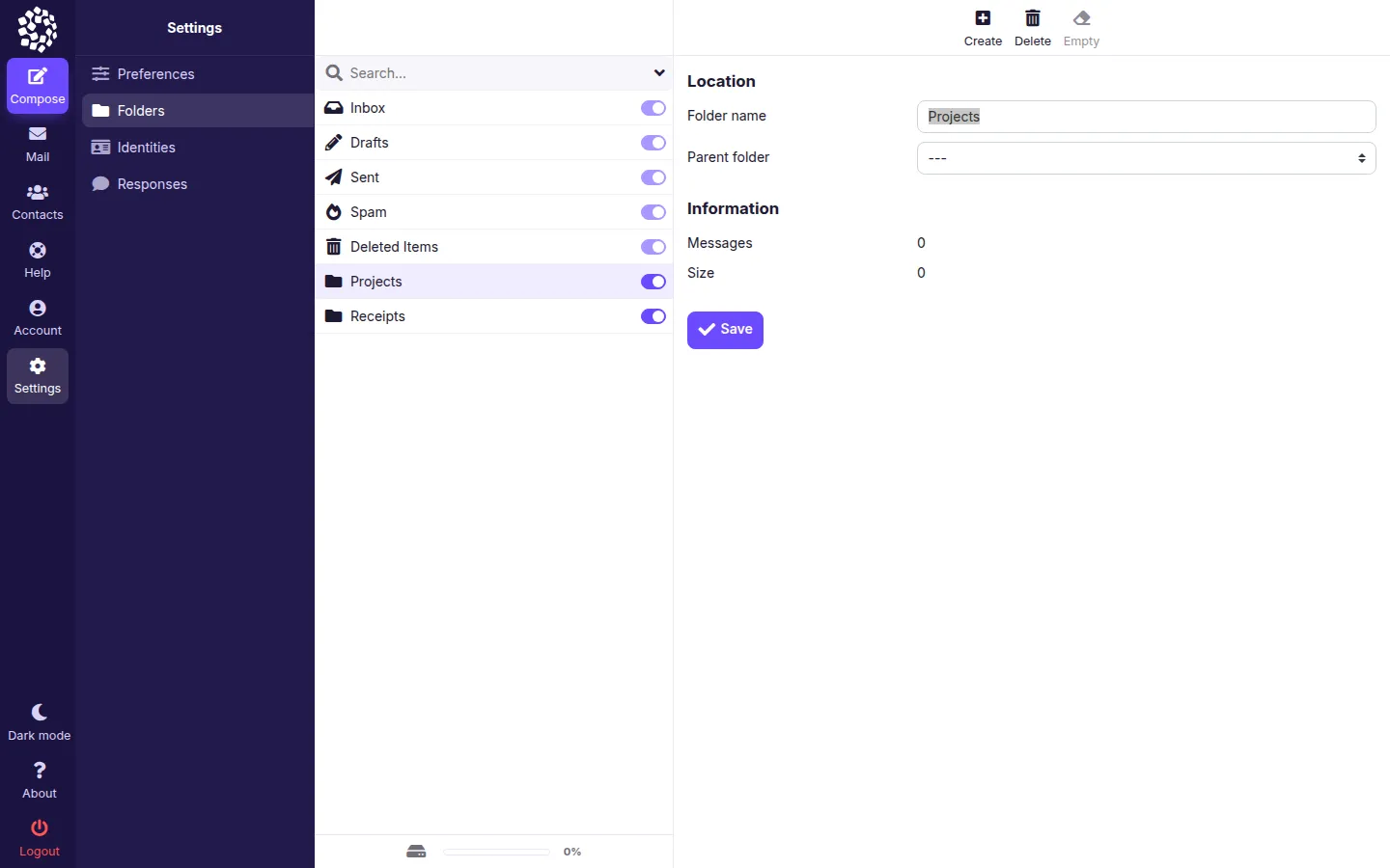 Folder settings in webmail. Marker 1 is beside the Create button, marker 2 beside the Folder name field, marker 3 beside the Parent folder list, marker 4 beside the Save button and marker 5 beside the switch that shows or hides a folder.