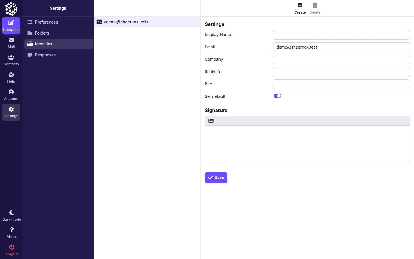 Identity settings in webmail. Marker 1 is beside the identity in the list, marker 2 beside the Display Name field, marker 3 in the Signature box, marker 4 beside the Save button and marker 5 beside the Create button.