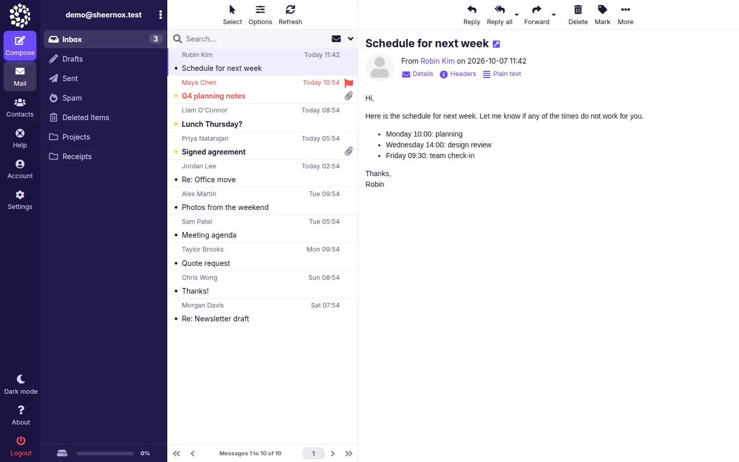 The webmail inbox with a message open. Marker 1 is in the left menu, marker 2 in the folder list, marker 3 in the search box, marker 4 in the message list, marker 5 beside the message toolbar, marker 6 in the reading pane and marker 7 above the storage bar.