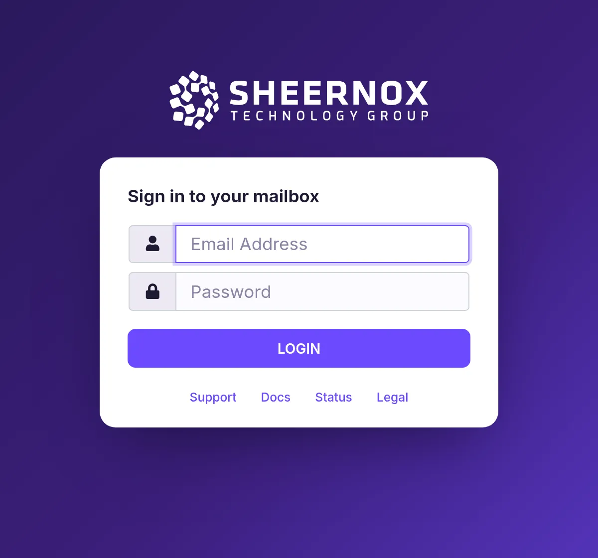 The Sheernox webmail sign-in page. Marker 1 is beside the Email Address field, marker 2 beside the Password field and marker 3 beside the Login button.