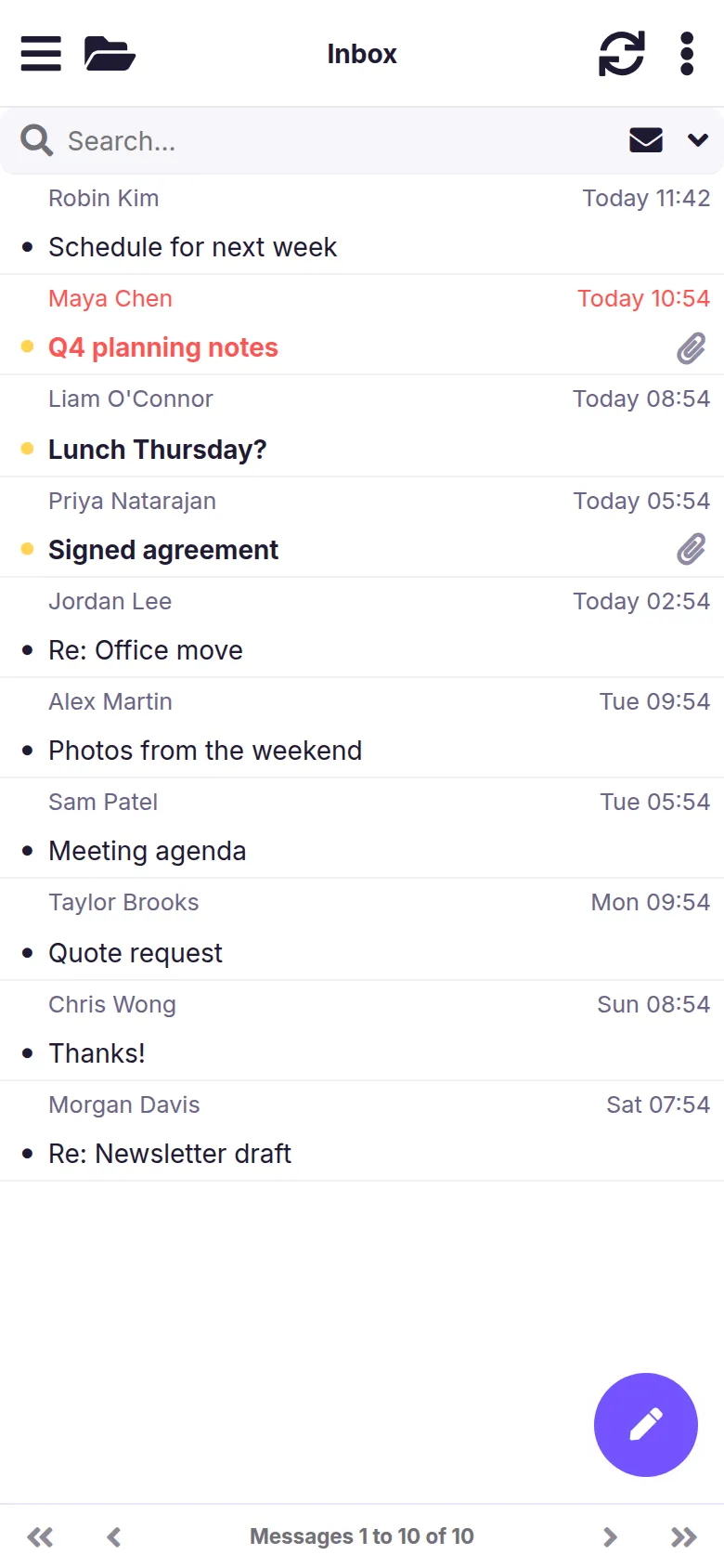 Webmail on a phone showing the inbox. Marker 1 is beside the menu and folder buttons at the top left, and marker 2 beside the round compose button at the bottom right.